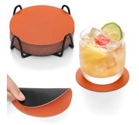 Chitomars Posavasos Lavable de Doble Cara, Posavasos de el Plastico Antideslizante Posavasos para Bebidas Set de 12 Posavasos con Soporte Redondo Posavasos (Negro Naranja, Redondos)