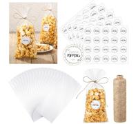 Chivertion 100 juegos de bolsas transparentes para palomitas de maíz, etiquetas de agradecimiento para baby shower, cordel natural, 12 x 27 cm, cinta adhesiva transparente de 328 pies, cuerda de