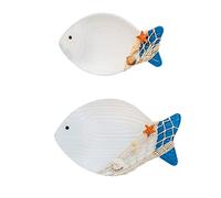 Chiyyak 2 piezas colgante de madera pescado arte de pared 3D esculturas de pescado de madera decoración de pared adorno colgante playa tema decoración baño decoración