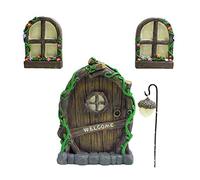 Chiyyak Puerta de hadas, casa de hadas luminosa casa enana puerta y ventana decoración de jardín en miniatura protección UV resplandor árbol decoración artesanía escultura jardín árboles (B)