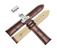 Chlikeyi Correa de Reloj de Cuero Genuino Azul Profundo de 20mm con Cierre de Mariposa, Correa de Reloj con Broches Dobles Plateados, línea Blanca, Marrón, 20mm