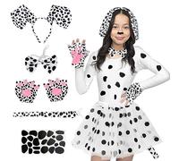 CHMMY Dálmatas Disfraces Cruella Disfraz Niños Orejas de dálmata Diademas Cola Pajarita Papel adhesivo Falda de tul Disfraz de dálmata Conjunto Disfraz de Halloween Cosplay Mujer Niños