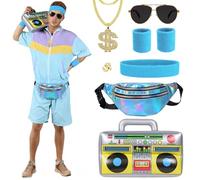 CHMMY Disfraces Años 80 Hombre Mujer Verano, Chándal Retro Corto Conjunto con Riñonera, Radio Inflable y Accesorios,Disfraz Chándal Años 80 para Rockstar Carnaval y Fiestas Temáticas (XL)