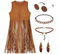 CHMMY Disfraz Hippie Mujer Chaleco Marrón sin Mangas con Flecos Disfraz Años 60 70 Mujer Ropa Accesorios Hippie para Disfraz Disco de Carnaval Halloween Navidad (XL)
