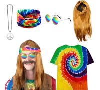 CHMMY Set Disfraz Hippie Años 70, Accesorios Ropa Hippie con Colorido Tie Dye Camiseta Peluca Collar Gafas de Sol Diadema para Fiesta de Carnaval Temática de Los Años 70 Halloween (XL)