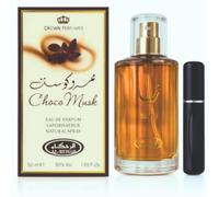 Choco Musk Eau de Parfum 50 ml + Atomizador de Viaje - Perfume Árabe Unisex Fabricado en Dubai con Notas de Chocolate, Vainilla, Almizcle Blanco y Canela - Fragancia Dulce y Duradera