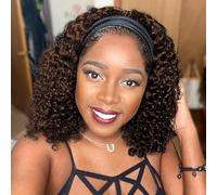 Chocolate Brown Deep Wave Headband Wig Human Hair None Lace Front Wig Brazilian Glueless Curly Headband Wigs for Black Women 10 Inch