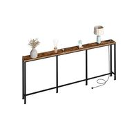 CHOEZON Mesa consola estrecha de 200 cm con toma de corriente, mesa de sofá delgada de 18 cm, mesa de sofá larga con estación de carga, para entrada, pasillo, sala de estar, marrón rústico y negro