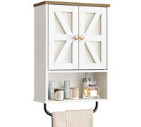 CHOEZON Mueble de Baño Colgante de 2 Puertas, Armario de Pared con Compartimento Abierto y Toallero, Botiquín, Estilo Granero, para Dormitorio, Sala de Estar, Cocina, Blanco y Nogal Marrón