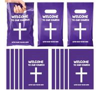Cholemy 100 bolsas de regalo de bienvenida a nuestra iglesia, bolsas de dulces de iglesia con asa, bolsas de plástico para eventos cristianos, suministros de fiesta coloridos y bolsas de regalo, 9.84