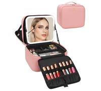 Chomeiu Bolsa de maquillaje con espejo LED, estuche de maquillaje de viaje de 2 capas para mujeres y artistas de maquillaje, organizador de cosméticos, bolsas de maquillaje grandes, 3 luces de color
