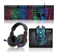 CHONCHOW - Paquete de auriculares y mouse LED para juegos, teclado y alfombrilla para mouse, con cable de arco iris, con luz LED, juego 4 en 1, juego para Xbox, PS4, PS5, PC, portátil, gamer