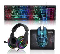 CHONCHOW - Paquete de auriculares y mouse LED para juegos, teclado y alfombrilla para mouse, con cable de arco iris, con luz LED, juego 4 en 1, juego para Xbox, PS4, PS5, PC, portátil, gamer