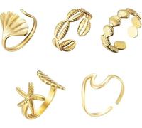 CHONGQILAO 5 Piezas Juego de Anillos Mujer, Anillo Oro Mujer, Anillos de Concha de Estrella Mar, Abierto Anillo Ola de Mar Acero Inoxidable Dorado, Simple Ajustables para Niñas