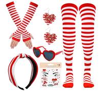CHONGQILAO Disfraz de carnaval de Colonia, medias por encima de la rodilla, guantes de rayas rojas y blancas, diadema a rayas, gafas de sol, pendientes para mujer, corazón, accesorios para disfraces