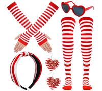 CHONGQILAO Disfraz de carnaval de Colonia, medias por encima de la rodilla, guantes de rayas rojas y blancas, diadema a rayas, gafas de sol, pendientes para mujer, corazón, accesorios para disfraces