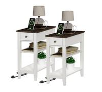 ChooChoo - Juego de 2 mesas auxiliares para sofá, sala de estar con estación de carga, soporte nocturno estrecho con puertos USB y tomas de corriente y cajón oculto