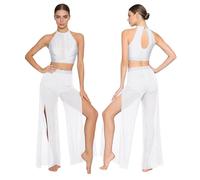 Choomomo Disfraz de danza lírica para mujer, vestido de ballet para top de cultivo, falda de malla, diamantes de imitación, ropa de danza contemporánea moderna, Blanco, S