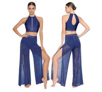 Choomomo Disfraz de danza lírica para mujer, vestido de ballet para top de cultivo, falda de malla, diamantes de imitación, ropa de danza contemporánea moderna, azul marino, XXL