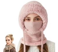 Choosemuc Women's Outdoors Warm Knitted Scarf Hat, 3-in-1 Integrated Ear Protection Windproof Balaclava Cap Scarf (Pink)