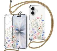 ChoosEU Transparente Funda para iPhone 17 con Cuerda, Delgada Protección Carcasa Caso con Colgante Ajustable Collar Correa de Cuello Cadena Cordón Clara Antigolpes Protectora Case Cover, Color Flores