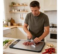 Chopping Board - Stainless Steel, 24.3x35.3x1.4cm Cutting Board Anti-Slip | Juice Groove Double-Sided Food Prep, Kitchen Prep Boards For Meat Cutting, Vegetables, Fruit, Charcuterie