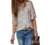 CHOSERL Blusa de verano con lentejuelas para mujer, de manga corta, con purpurina, dorado, XL