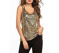 CHOSERL Blusa de verano con lentejuelas para mujer, de manga corta, con purpurina, Dorado1, L