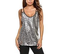 CHOSERL Blusa de verano con lentejuelas para mujer, de manga corta, con purpurina, Plateado 1., XXL