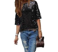 CHOSERL - Blusas con lentejuelas de verano para mujer, con brillo para fiesta, manga corta, Negro, L