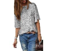 CHOSERL - Camisetas de mujer con lentejuelas de verano, brillantes para fiesta, manga corta, plata, L