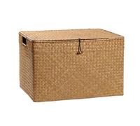 Chosertory Contenedor de Almacenamiento Tejido Caja Organizadora Cesta Recipiente con Tapa de Ajuste Plano en Plástico PP con Textura Mimbre con Aberturas para, Café Claro, 40x26x26/27cm
