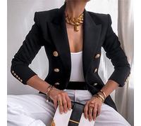 CHOUX Winter Women Blazer Double Breasted Blazer Coat Fashion Slim Long Sleeve Elegant Suit Jacket Office Women Blazer-Black,M
