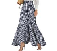 chouyatou Falda larga casual a cuadros para mujer, acampanada, dobladillo irregular con volantes, cola de pez de sirena, Azul marino (Plaid Navy), M