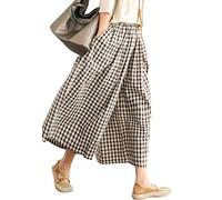 chouyatou Pantalón de algodón y lino para mujer - Cintura elástica - Estampado a cuadros - Pierna ancha - Capri Palazzo, café, XL