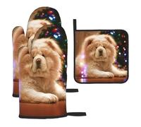 Chow Chow - Juego de 3 Guantes de Cocina Resistentes al Calor, agarraderas y Manoplas para Horno, Color Blanco y Esponjoso, Ideal para Navidad.
