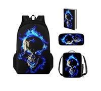 Chririnla 4 mochilas azules con diseño de calavera de llama de fuego para niños y niñas pequeños, mochila escolar y bolsa de almuerzo, funda para bolígrafo, funda para libro