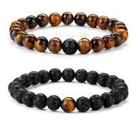 Chriscoco 8mm Pulsera de Ojo de Tigre y Piedra Natural con Cuentas para Hombres, Mujeres y Parejas - Elástica de Piedra de Lava