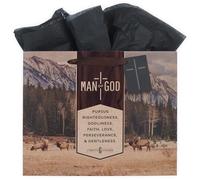 Christian Art Gifts Bolsa de regalo grande con diseño de paisaje inspirador, etiqueta y papel de seda para hombres: versículo bíblico alentador del hombre de Dios, asas de satén, marrón