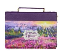 Christian Art Gifts Fashion Bible Cover Strength and Dignity Scenic Floral Proverbs 31:25 Faux Leather Purple Large - Funda de piel sintética para mujer