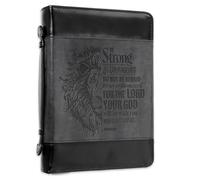Christian Art Gifts Funda clásica de piel sintética para hombres y mujeres: Be Strong and Courageous - Josué 1:9 inspirador versículo bíblico con león, gris y negro, grande