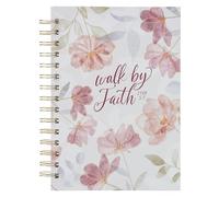 Christian Art Gifts Inspirational Journal, Walk by Faith Wide Ruled Notebook, 2 Corinthians 5:7 Bible Verse, Pink W/ White Florals, 192 Lined Pages W/Scripture, (8.4" X 6.4" X 1")