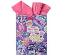 Christian Art Gifts Juego de bolsa de regalo mediana y papel de seda para niñas: Shine for Jesus, escritura inspiradora, diseño multicolor brillante, asas de satén rosa, cumpleaños y celebraciones