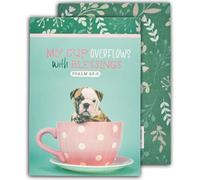 Christian Art Gifts Pequeño y práctico bloc de notas de las Escrituras para mujeres: Cup Overflows - Salmo 23:5 inspirador versículo bíblico para notas, notas, notas, recordatorios, tareas y listas, tamaño de bolsillo para la escuela, oficina, verde azulado/rosa con lindo cachorro bulldog, 40 hojas fáciles de rasgar