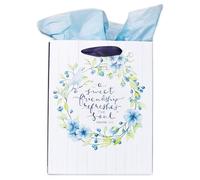 Christian Art Gifts Set de bolsa de regalo floral azul | A Sweet Friendship - Proverbios 27:9 Verso de la Biblia | Bolsa de regalo mediana con papel de seda para mujer