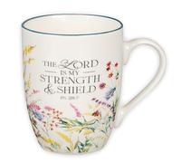 Christian Art Gifts Taza de café y té de cerámica para mujer: Lord is My Strength, Salmo 28:7, versículo bíblico inspirador, multicolor, azul, 12 onzas.