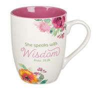 Christian Art Gifts Taza de café y té de cerámica para mujer: She Speaks with Wisdom - Proverbios 31:26 inspirador versículo bíblico, multifloral, rojo granate, 12 onzas.