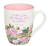 Christian Art Gifts Taza de café y té de cerámica para mujer: With God All Things are Possible - Mateo 19:26 versículo bíblico inspirador, multi-floral, morado lavanda, 12 onzas.