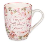 Christian Art Gifts Taza de café y té de cerámica para mujeres: Trust in the Lord - Proverbios 3:5-6 versículo bíblico inspirador, floral, rosa coral, 12 onzas.