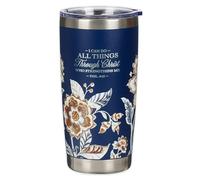 Christian Art Gifts Taza de viaje grande y resistente de acero inoxidable para mujer: todas las cosas a través de Cristo, versículo bíblico inspirador, taza aislada al vacío de doble pared,